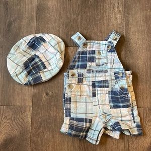 Old Navy Plaid Patchwork Overall Shorts and Hat - 0-3mos